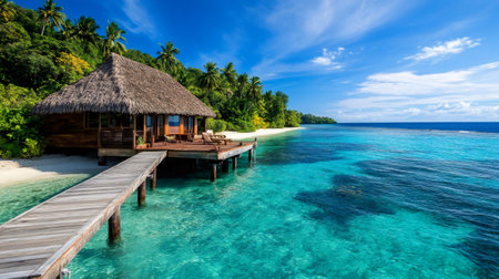 Wooden bungalow on the shore of a tropical island with a private jetty over turquoise waterの素材