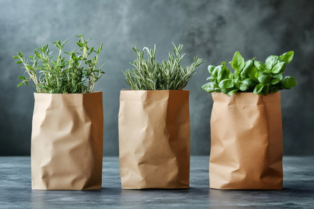 Thyme, rosemary and basil growing in recyclable paper bags, promoting sustainable and eco-friendly gardening practicesの素材
