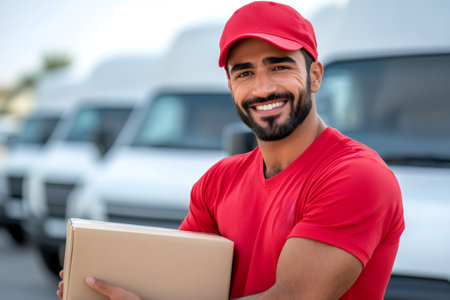 Portrait of a smiling delivery man holding a package with delivery vans in the backgroundの素材