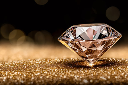 Large, sparkling diamond resting on a bed of gold glitter, creating a luxurious and glamorous imageの素材