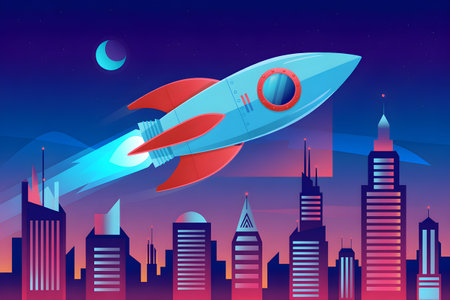 Spaceship launching in night sky over modern illuminated metropolis with skyscrapers, startup or space travel conceptの素材