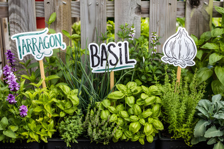 Tarragon, basil, garlic and other fresh herbs growing in pots in a home garden with labelsの素材