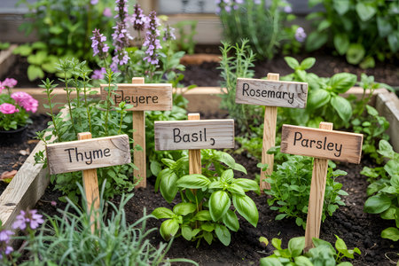 Fresh herbs like basil, rosemary, thyme and parsley are growing in a raised bed in a gardenの素材