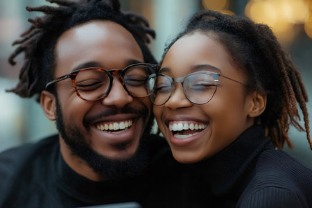 Close up of a cheerful couple wearing glasses, laughing and enjoying a moment of happiness togetherの素材