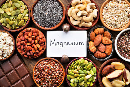 Different magnesium rich foods including nuts, seeds, beans, chocolate and whole grains on a wooden tableの素材