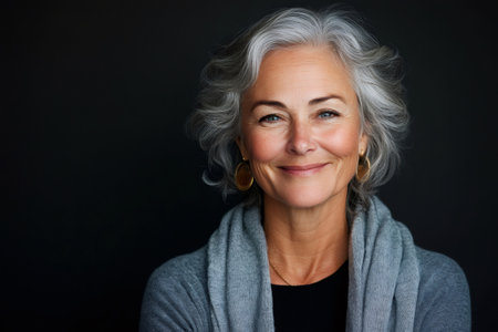 Portrait of a beautiful smiling mature woman with gray hair posing on a black backgroundの素材