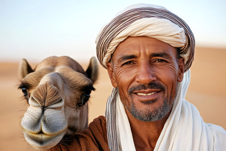 Portrait of a smiling Berber man with his dromedary camel in a desert landscape, showcasing the bond between humans and animalsの素材
