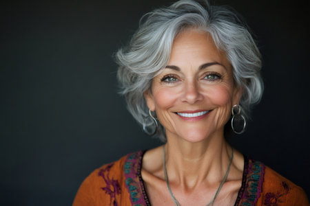 Portrait of a beautiful smiling senior woman with gray hair, radiating happiness and confidenceの素材