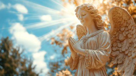 Peaceful angel statue praying with folded hands, bathed in warm sunlight against a backdrop of blue skies and soft clouds, creating a serene and spiritual atmosphereの素材