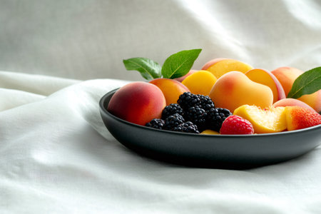 Ripe summer fruits arranged on a black plate, creating a vibrant and appetizing displayの素材