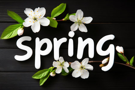 White spring flowers and lettering making a spring decoration on a black wooden backgroundの素材