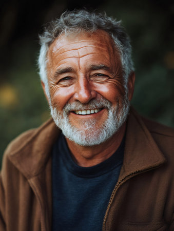 Elderly farmer with a gray beard smiles in a natural setting, enjoying his well-deserved retirementの素材