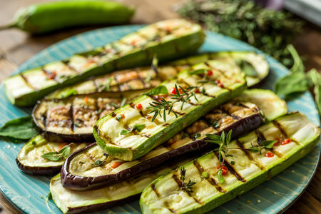 Delicious grilled zucchini and eggplant seasoned with fresh herbs and spices, creating a healthy and flavorful vegetarian dishの素材