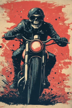 Grunge style illustration of skeleton motorcyclist riding vintage motorbikeの素材