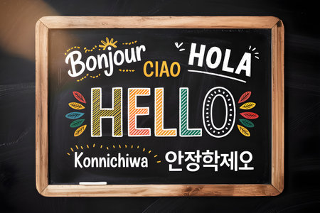 Colorful hello greetings in multiple languages written on a blackboard promoting language learning and cultural diversityの素材