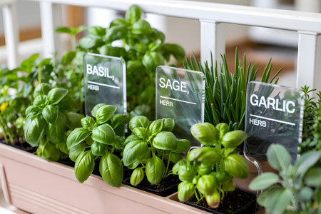 Aromatic herbs such as basil, sage, and garlic, thriving in pots on a balcony, offer a convenient and fragrant way to enjoy fresh ingredientsの素材