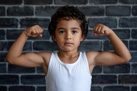 Young boy showing his muscles flexing biceps in front of a brick wallの素材