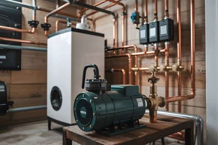 Powerful water pump near a heating system with copper pipes, ensuring efficient water circulation and distribution in a modern boiler roomの素材