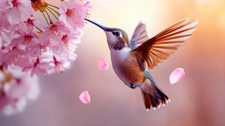 Beautiful hummingbird drinking nectar from pink cherry blossom flower in springの素材