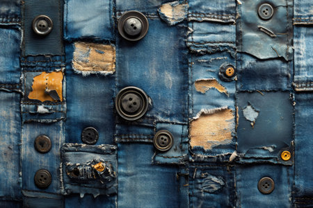 Denim patchwork with visible seams and buttons showing repairing and sewing workの素材