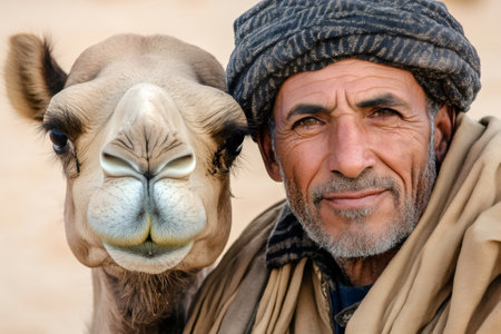 Close up portrait of a Berber nomad with his dromedary camel in the Sahara desertの素材