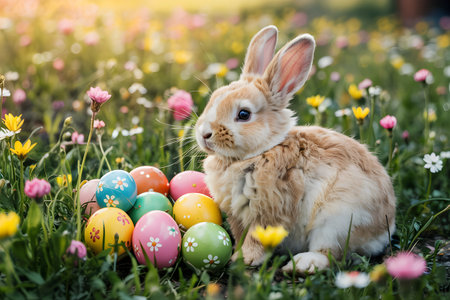 Easter bunny enjoying spring meadow with colorful easter eggs and flowersの素材
