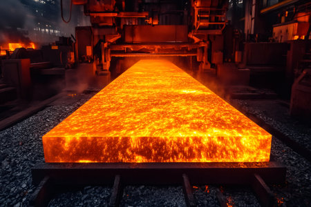 Glowing hot steel slab moving along conveyor belt in steel millの素材