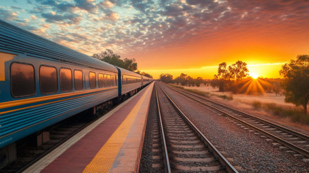 Blue and yellow passenger train waiting at the station platform during a scenic sunrise over vast landscapeの素材