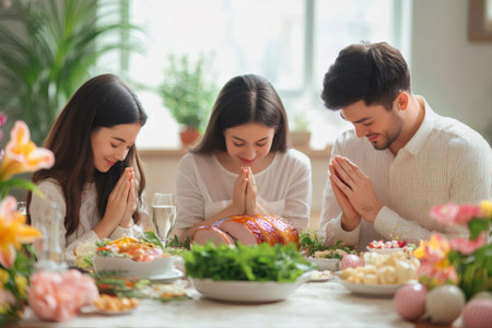 Family members praying before enjoying a delicious Easter meal surrounded by festive decorations and flowersの素材