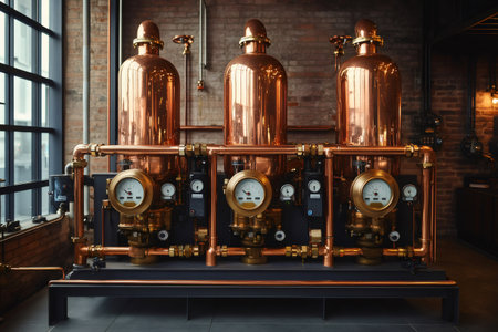 Shiny copper tanks and pressure gauges working in distilleries, measuring alcohol content during the distillation processの素材