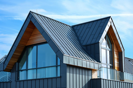 Contemporary residential building showcasing a sleek metal roof, expansive windows, and wood accents under a clear blue skyの素材