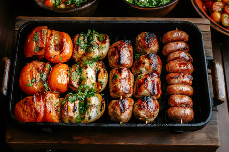 Sausage, meatballs, tomatoes and onions are grilling in a cast iron pan, sprinkled with fresh parsleyの素材