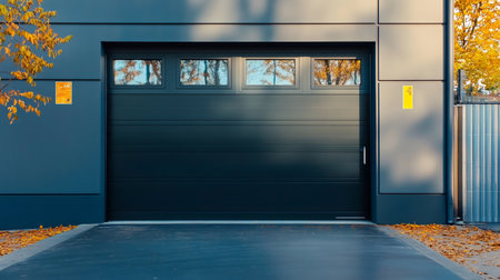 Wide automatic garage door closing in a modern suburban house during autumnの素材