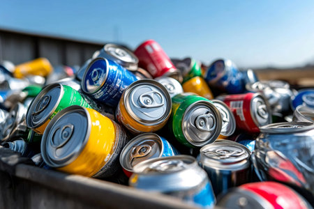 Many used aluminum cans are waiting to be recycled in a large containerの素材