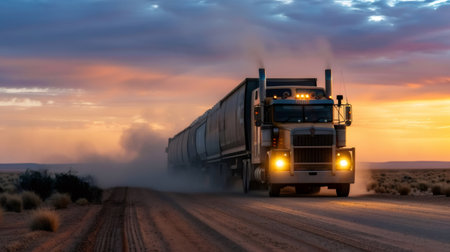 Road train truck driving on a dusty outback road, leaving a trail of dust during a beautiful sunsetの素材