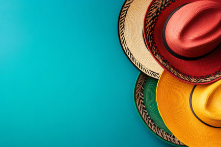 Traditional Colombian hats, known as sombreros vueltiaos, showcase vibrant colors and cultural heritage on a turquoise backdropの素材
