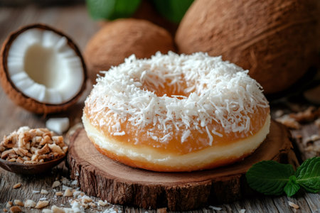 Freshly baked donut with coconut flakes topping, placed on a wooden surface, accompanied by whole coconuts and mint leaves, creating a tropical and inviting sceneの素材