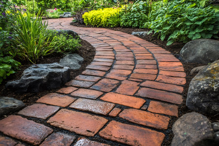 Curved brick path meandering through a vibrant garden, creating an inviting walkway amidst colorful flowers and greeneryの素材