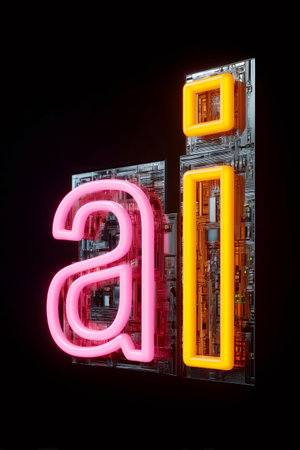 Neon ai sign glowing on a circuit board, symbolizing the future of technology and artificial intelligenceの素材