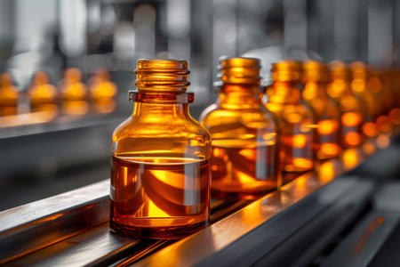 Amber glass bottles containing medicine moving on a production line in a pharmaceutical factoryの素材