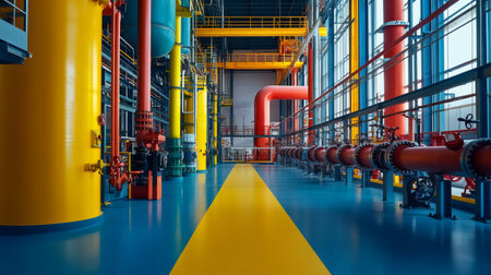 Modern industrial facility showcasing vibrant pipes and tanks, highlighting the complexity of energy production or chemical processingの素材
