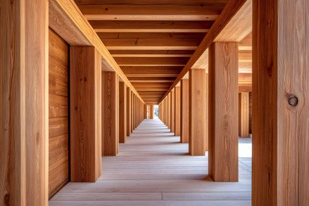 Modern architectural design showcasing a covered walkway made of light wood creating a tunnel effect with natural lightの素材