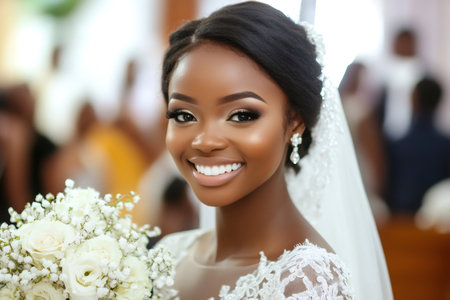 Portrait of a happy dark skinned bride smiling and holding a white bouquet during her wedding ceremony in a churchの素材
