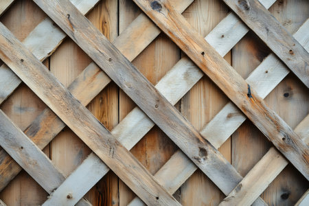 Interlaced wooden planks forming a diamond pattern create a rustic and textured backgroundの素材