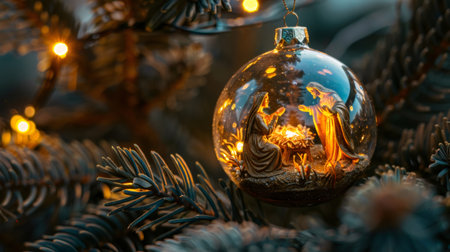Glass Christmas ornament depicting the nativity scene hangs on an illuminated Christmas tree, celebrating the birth of Jesusの素材