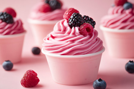 Creamy pink frozen yogurt topped with raspberries and blackberries, creating a delightful summer treatの素材