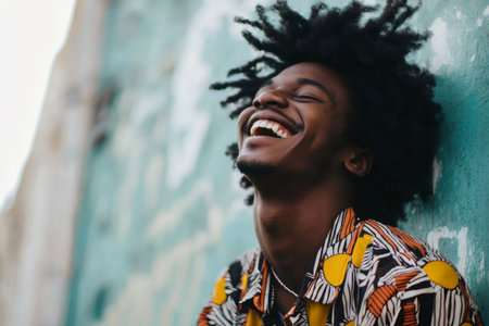 Portrait of a cheerful young man with afro hair laughing with closed eyes leaning against a turquoise wallの素材