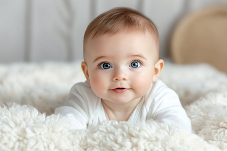 Cute baby with captivating blue eyes lying on a soft blanket, expressing joy and curiosityの素材