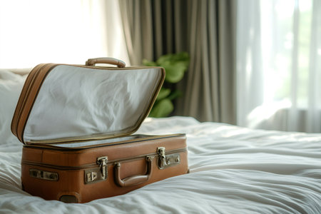 Open vintage suitcase placed on bed in hotel room, ready for packing personal belongings, evoking the thrill of upcoming travel adventuresの素材