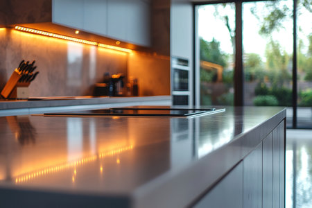 Sleek kitchen design featuring a polished countertop reflecting under cabinet led lighting, creating a warm ambiance with a view of the garden through large windowsの素材